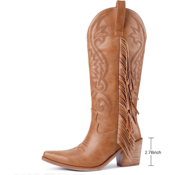 Women's Brown Pointed Toe Wide Calf Fringe Cowgirl Knee High Chunky Heel Boots - Picture 5 of 8